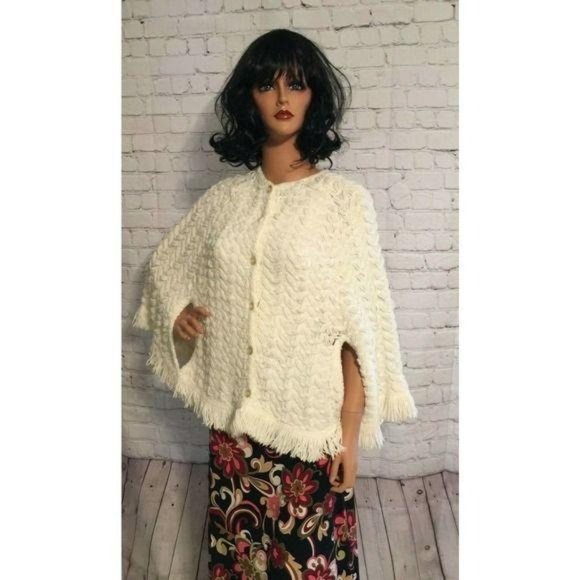 Aris Knitwear Sweaters - Vintage 1960s Aris Knitwear Ivory Crochet Shawl Fringe Boho Wrap